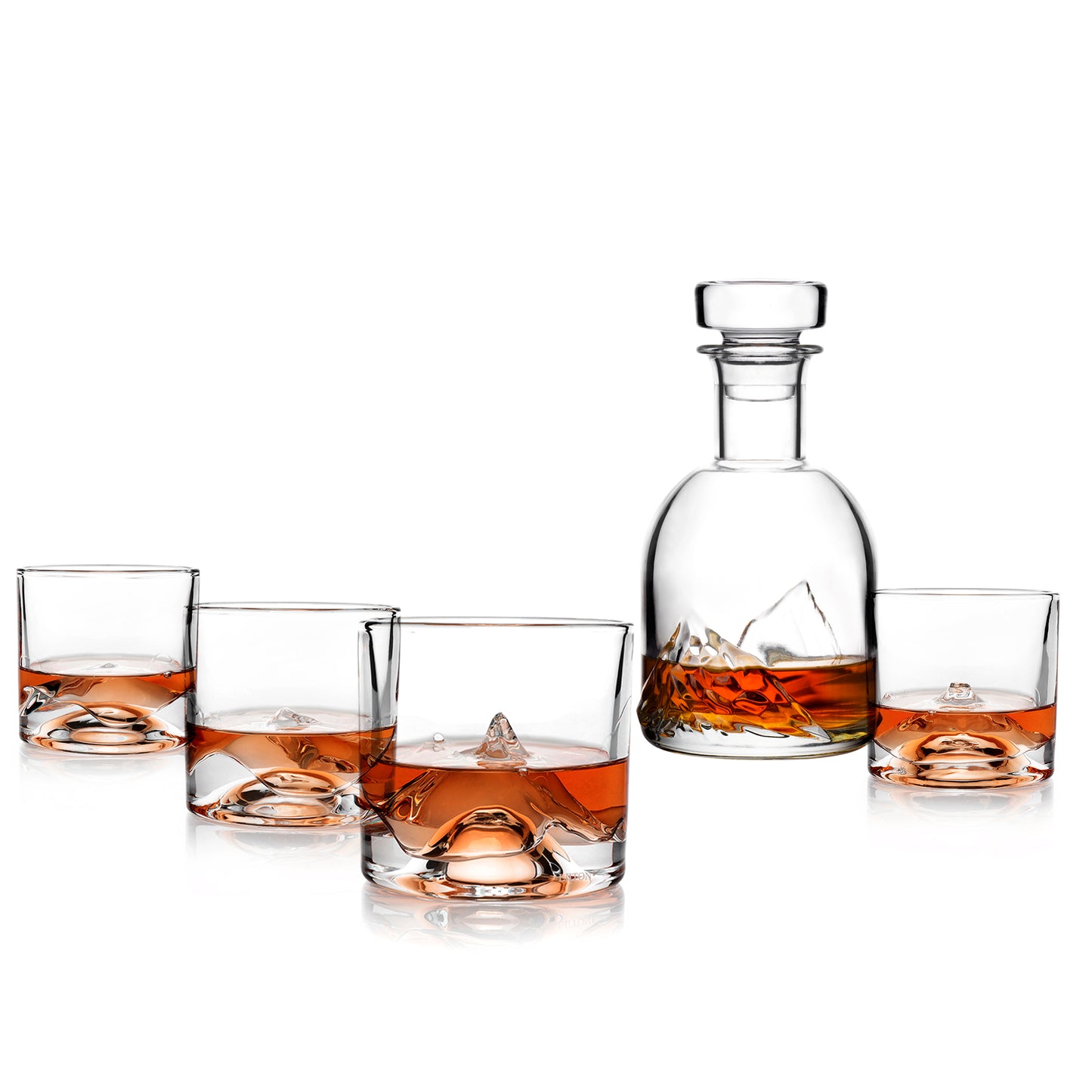 The Peaks Crystal Whiskey Decanter Set – decanter with four crystal glasses sculpted as Denali, Mont Blanc, K2, and Fuji.