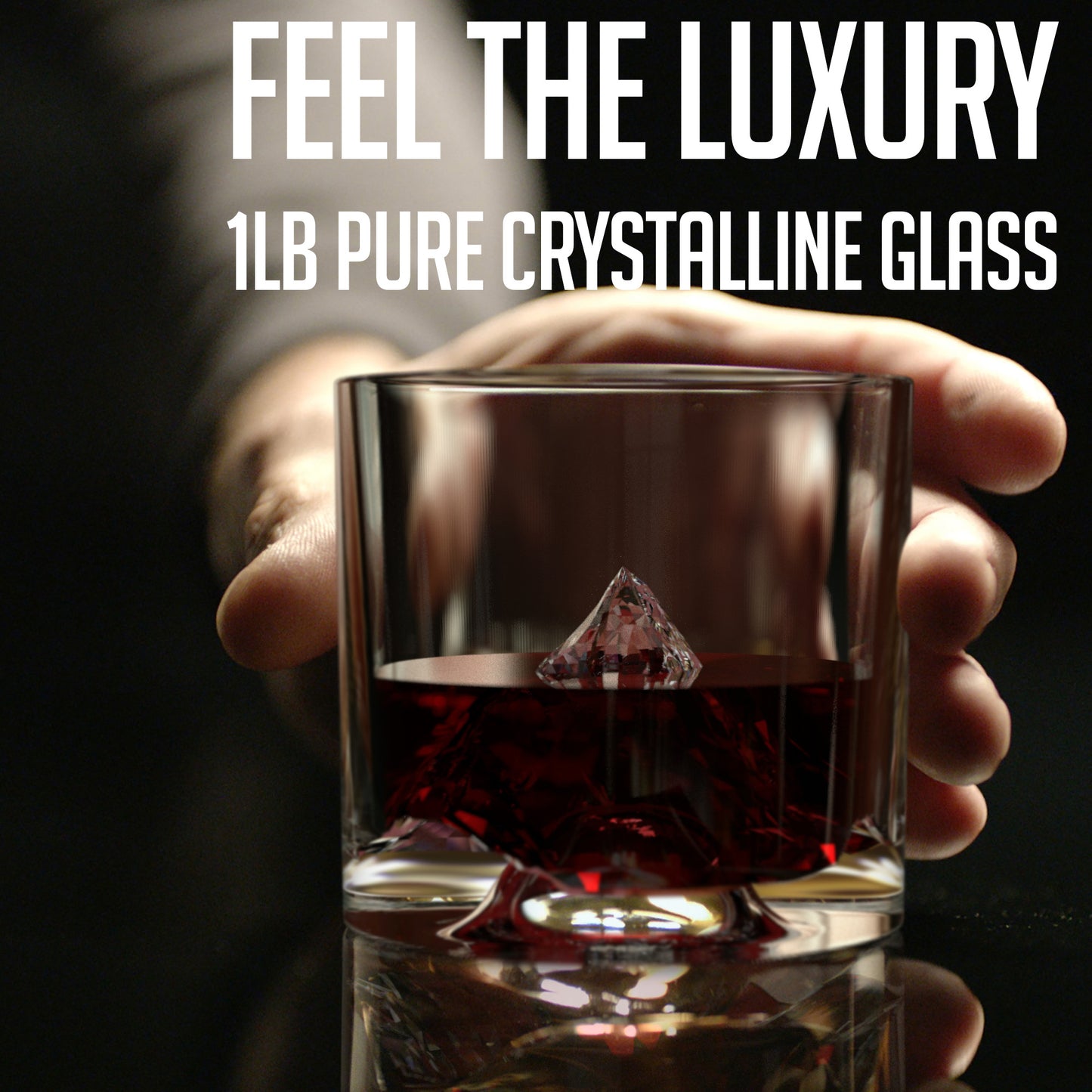 Whiskey poured in glass from Peaks set highlighting sculpted mountain base and clarity of crystalline glass.