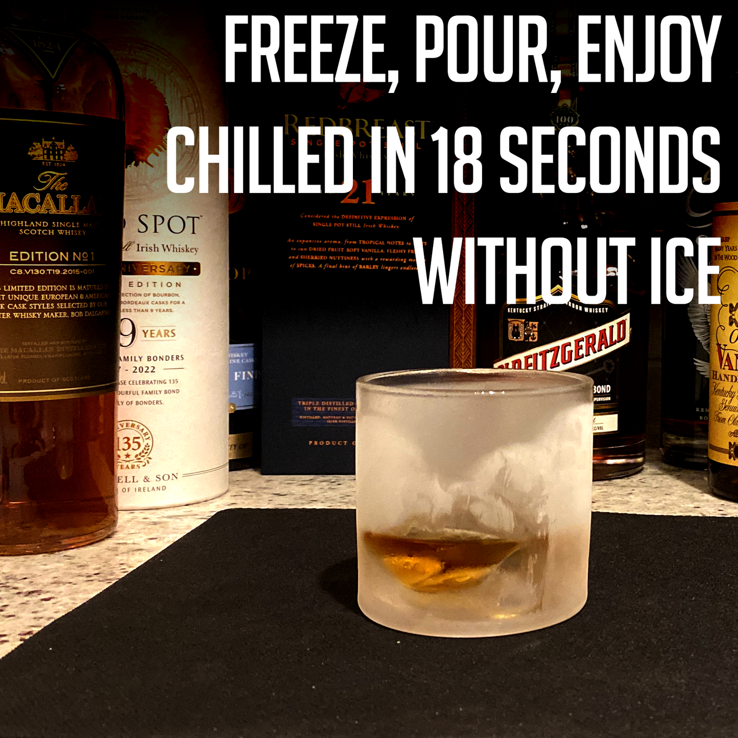 Chill‑Charge glass from The Peaks set placed in freezer to chill whiskey in 18 seconds using patented technology.