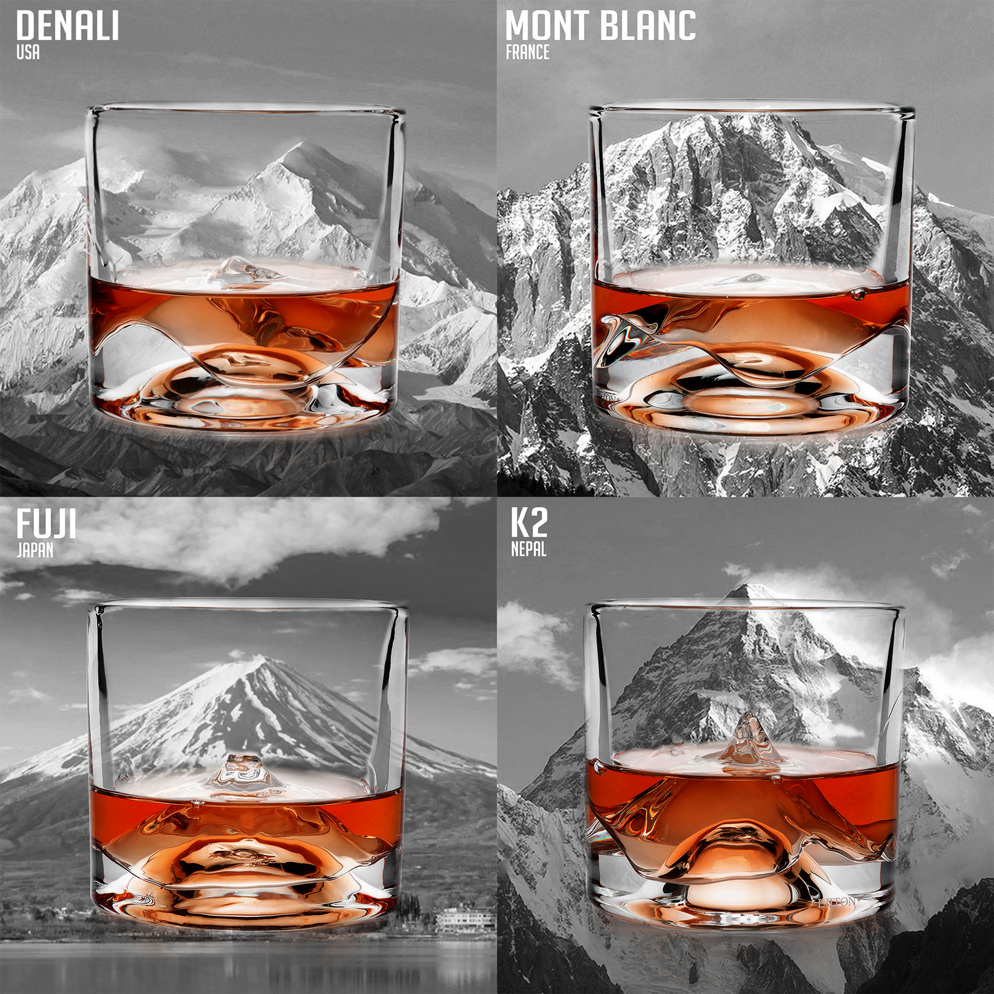 Crystal whiskey glass with 3D mountain peak design – one of the Denali, Mont Blanc, K2, and Fuji glasses from The Peaks set.