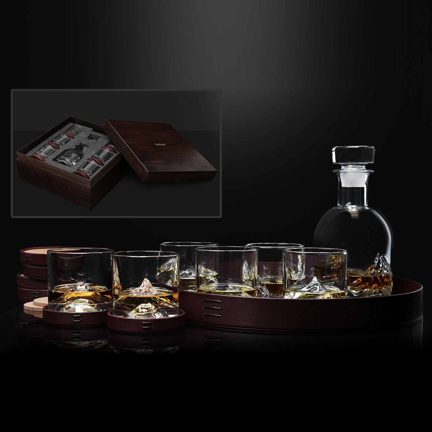 Liiton Luxury Crystal Whiskey Peaks Set – handcrafted glasses featuring iconic mountain peaks in ultra-clear crystal