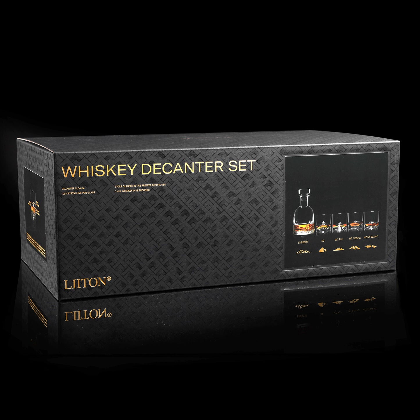 The Peaks Crystal Whiskey Decanter Set arranged in premium gift box—Everest decanter and four mountain‑sculpted glasses.