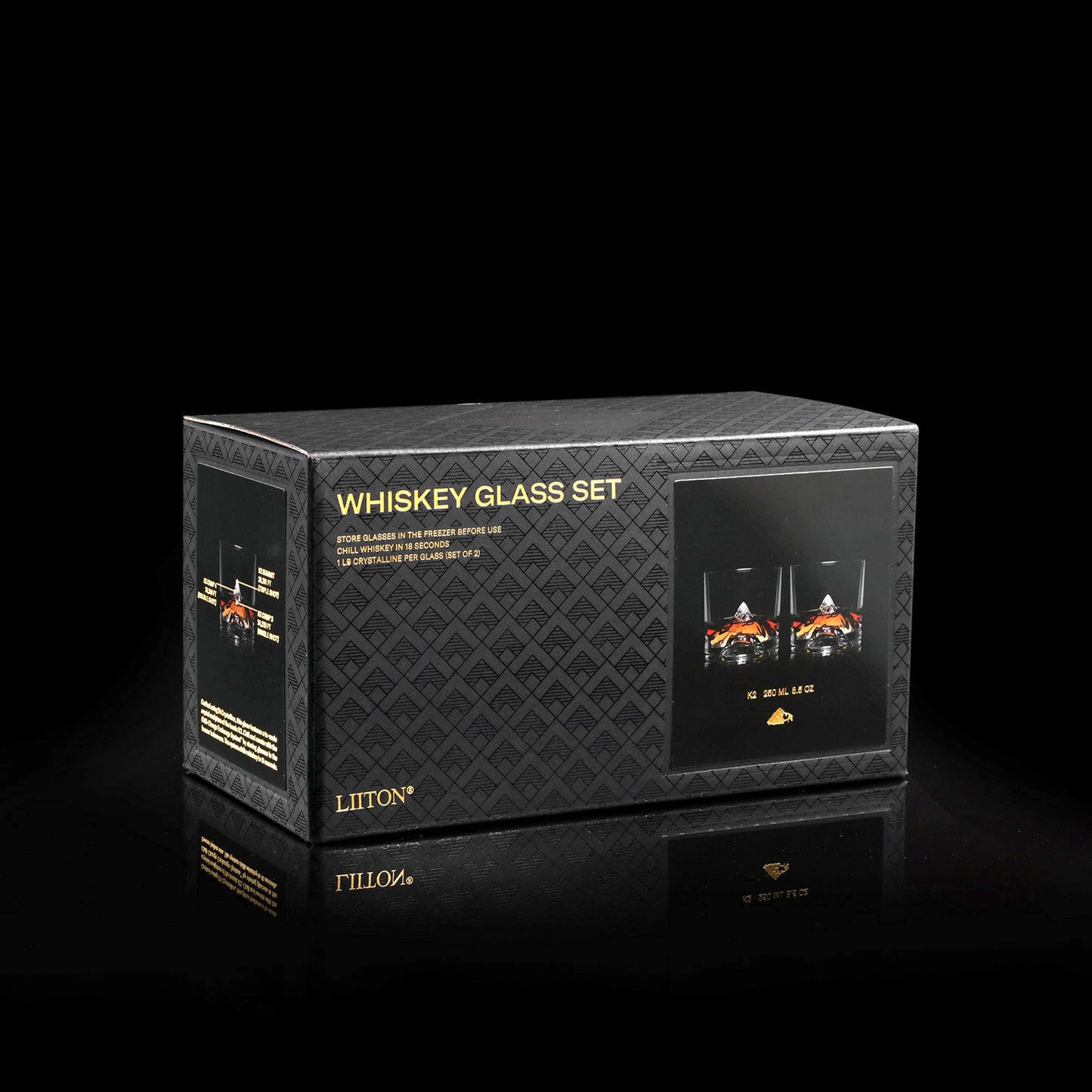 Liiton K2 Crystal Whiskey Glasses Set of 2 in premium black gift box—perfect for whiskey lovers and collectors.