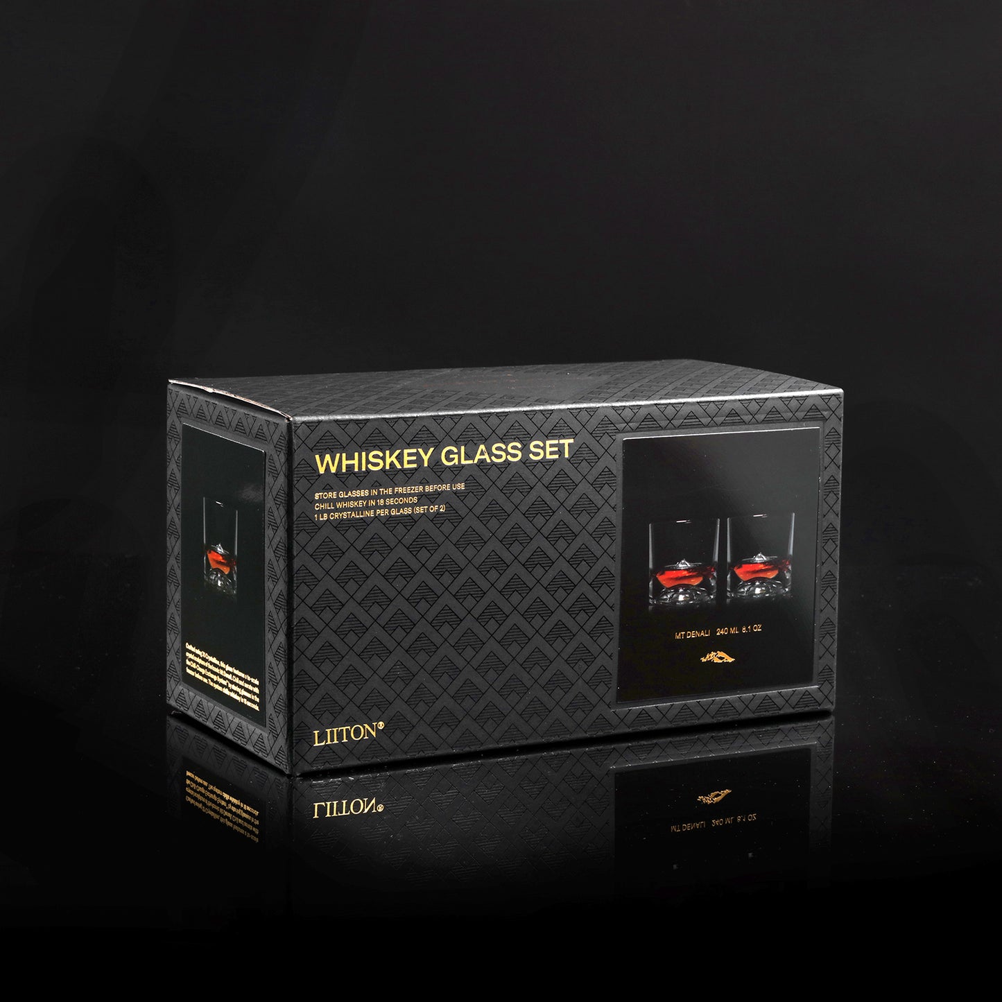 Liiton Denali crystal whiskey glasses set of 2 in luxury gift box—ideal for gifting whisky lovers.