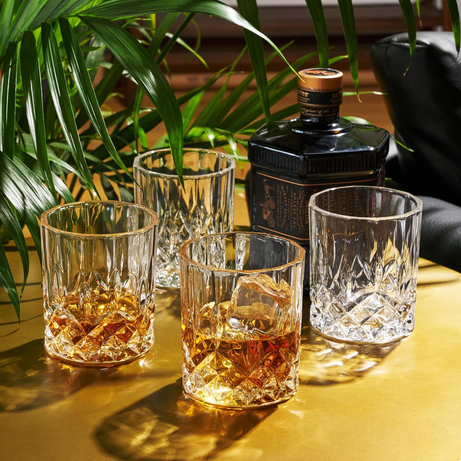 Luxu Whiskey Glasses(Set of 4)-11 oz Sculpted Scotch Glass,Old Fashioned Glasses,Crystal Bourbon Rock Glasses,Large Bar Glasses,Unique Glassware